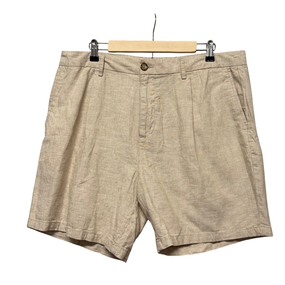 Mens Chino Khaki Shorts 38 Pleated Slim Linen Blend Casual Minimalist Breathable